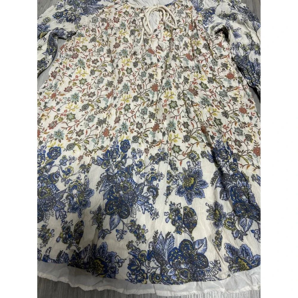 Free People Womens Floral Long Sleeve Boho Mini Dress Rayon M Cream Blue Multi